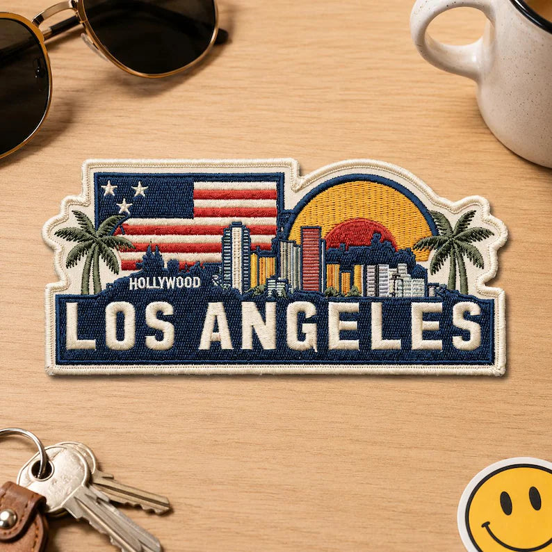 Los Angeles Embroidered Patch, Retro Sunset Skyline California Badge, American Flag Embroidered Patch, West Coast Travel Gift, Denim Jacket