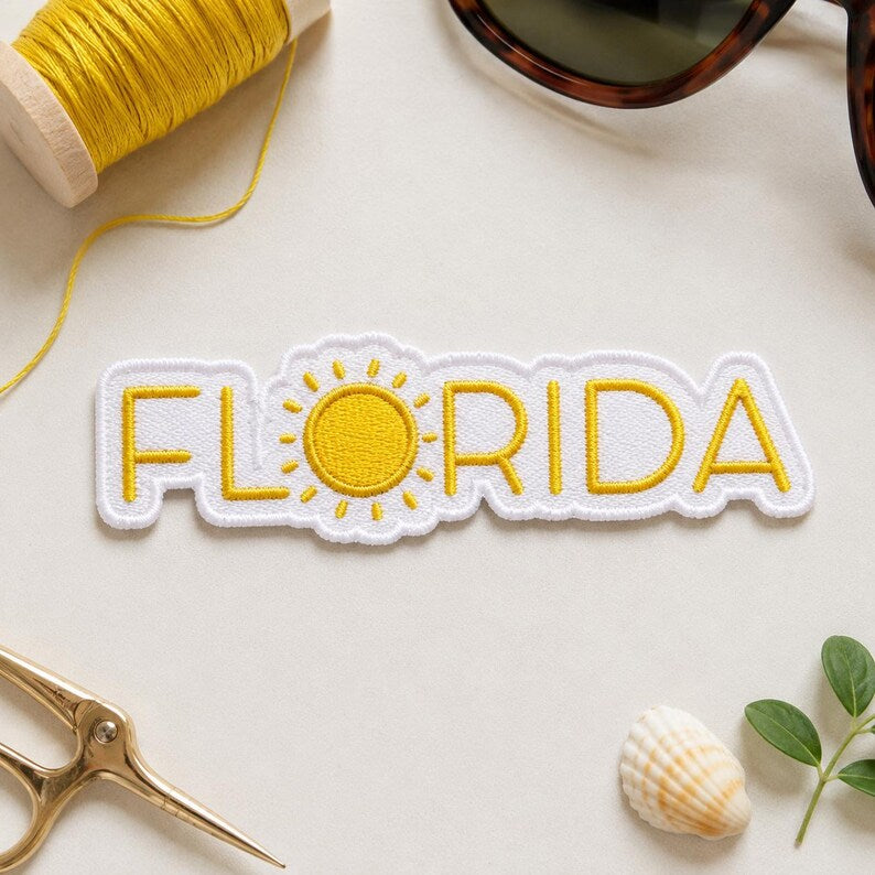 Florida Embroidered Patch, Retro Sunshine State Yellow Badge, Minimalist Sun Patch, Cali Florida Travel Gift For Friend Her