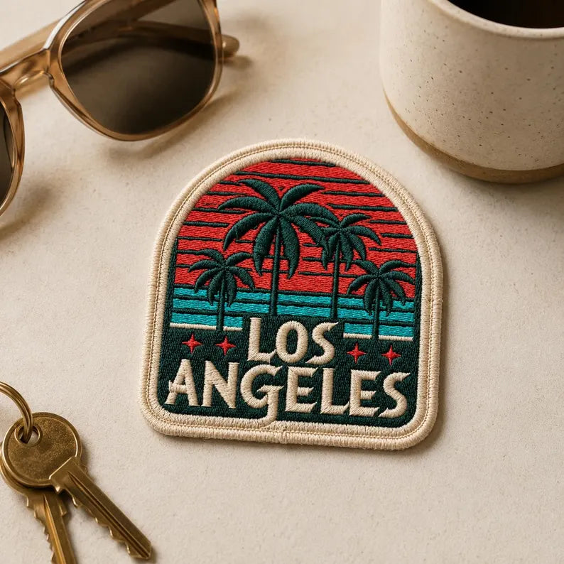 Vintage Los Angeles Embroidered Patch, Retro Sunset Palm Trees California Badge, West Coast Travel Souvenir, Denim Jacket DIY