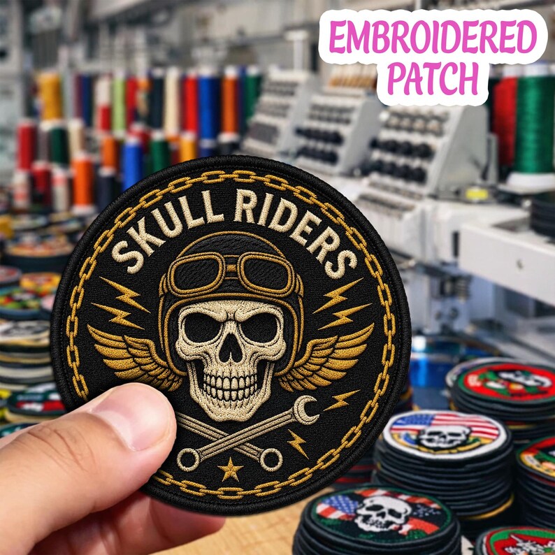 Skull Riders Embroidered Patch, Winged Biker Badge, Crossed Wrenches Iron On