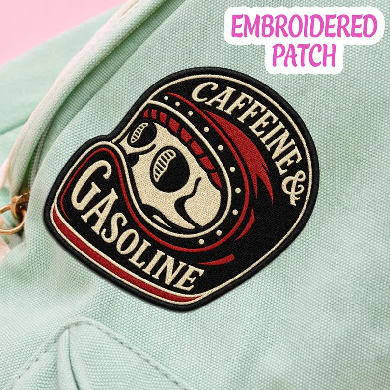 Caffeine & Gasoline Embroidered Patch, Vintage Helmet Skull Badge, Biker Iron On Patch, Gearhead Gift, Hot Rod Racing Patch