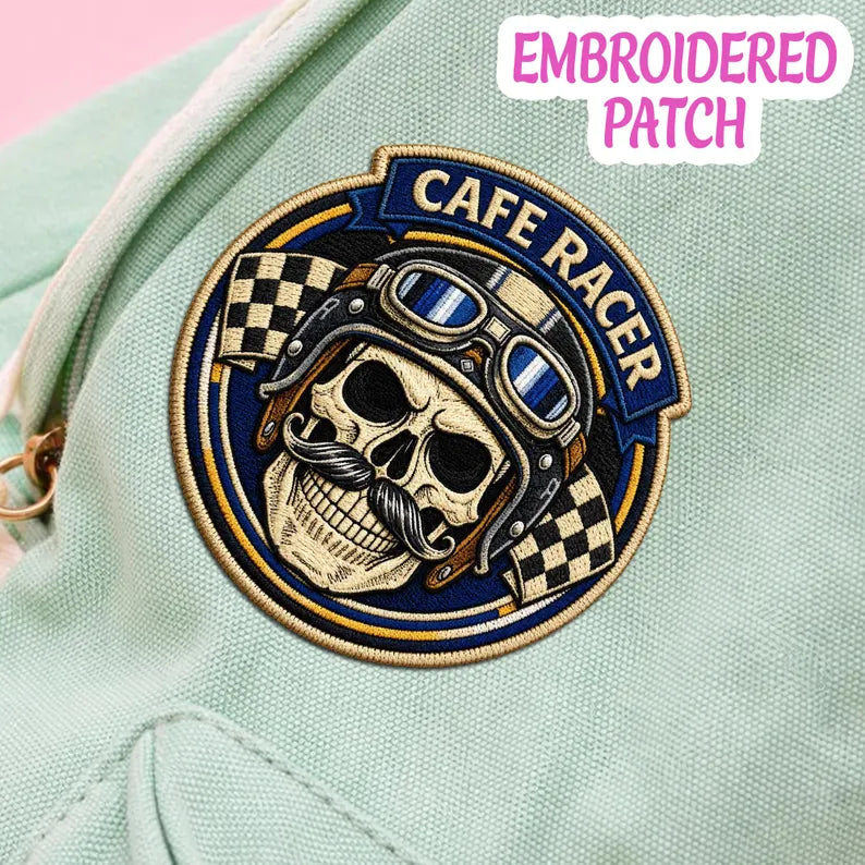 Cafe Racer Skull Embroidered Patch, Vintage Biker Iron On Badge, Retro Racing Flag Patch
