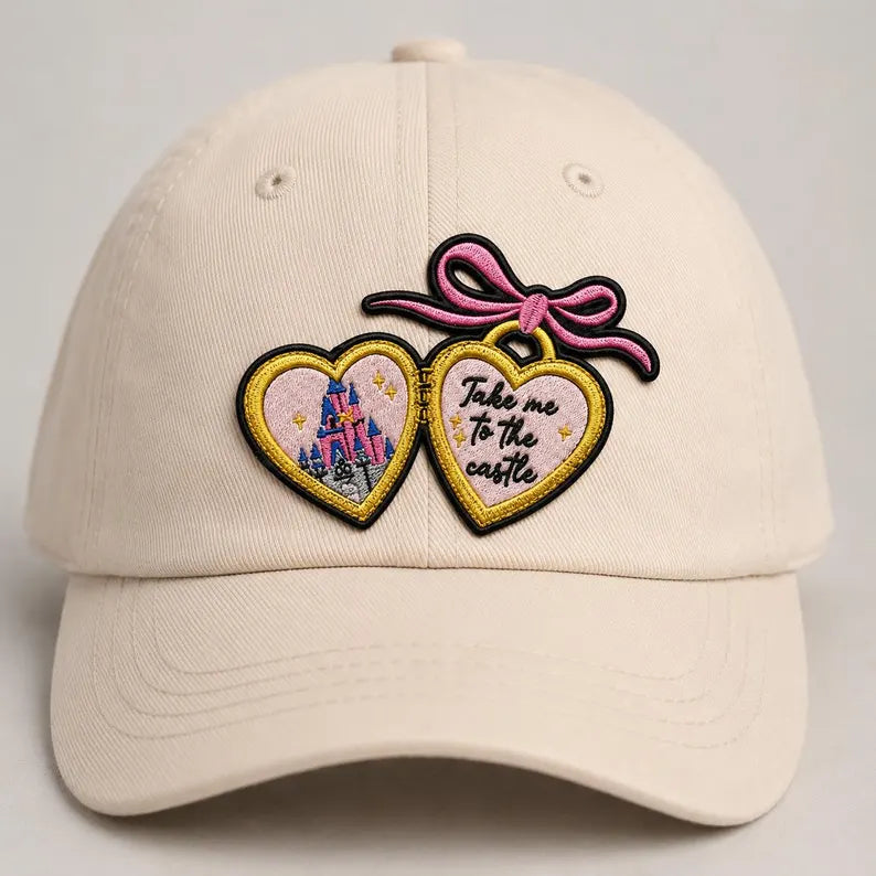 Heart Locket Embroidered Patch – Fairy Tale Castle, Pink Bow, Iron-On Bag Accessory