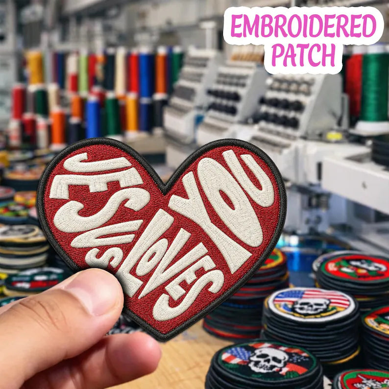Jesus Loves You Heart Embroidered Patch, Christian Iron-On Badge, Religious Faith Apparel