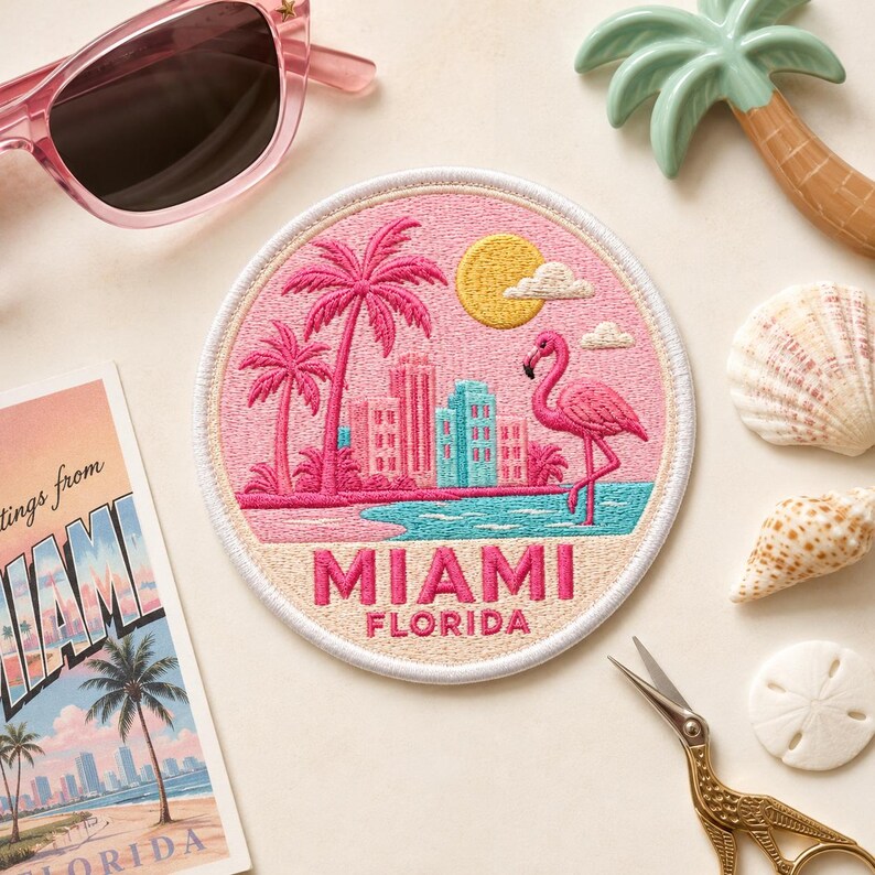 Miami Embroidered Patch, Retro Pink Flamingo Florida Badge, West Coast East Coast Patch, Gift For Friends Traveler