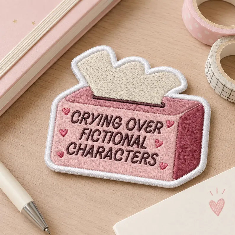 Crying Over Fictional Characters Patch, Funny Bookworm Tissue Box Embroidered Badge, Gift for Book Lovers, Friends