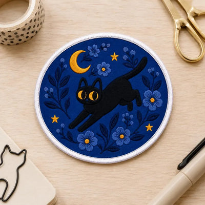 Starry Night Cat Patch, Black Cat Floral Embroidered Witchy Badge, Retro Iron On Celestial Patch, Gift for Cat Lovers, Friends DIY