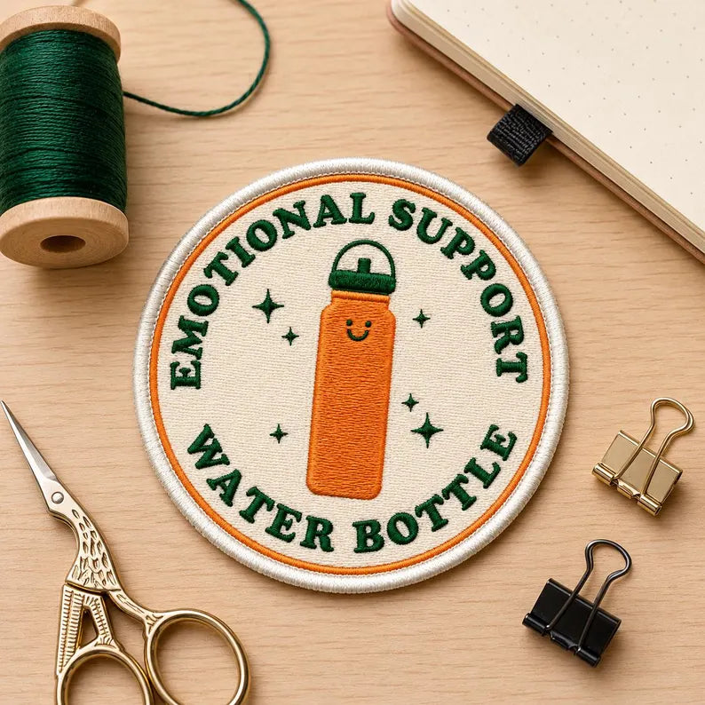 Emotional Support Water Bottle Patch, Funny Hydro Flask Embroidered Badge, Retro Iron On Round Cute Patch, Gift for Friends, DIY