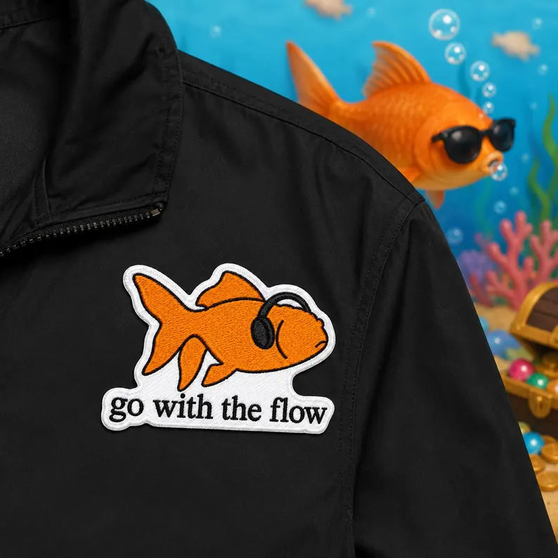 Go With The Flow Goldfish Patch, Vintage Nature Magazine Aesthetic Embroidered, 90s Style Graphic Gift For Her Him