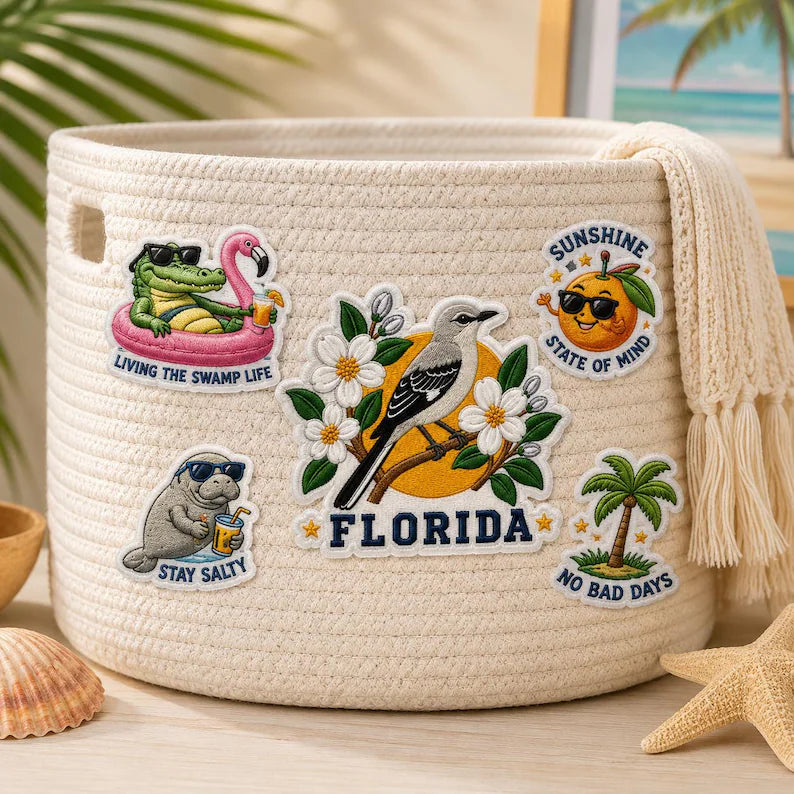 Florida Embroidered Patch, Retro Mockingbird State Bird Badge, Iron On Blossom Patch, Sunshine State, Gift For Friend