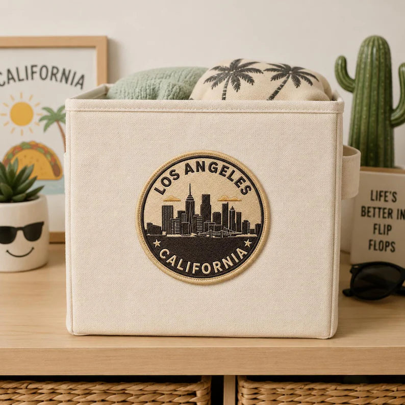 Retro Los Angeles Embroidered Patch, Vintage City Skyline California Badge, Iron On Round Geometric Patch, West Coast Travel Gift