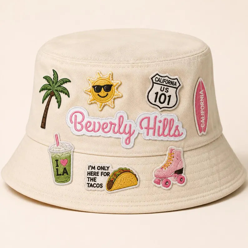 Beverly Hills Patch, Pink Cursive Font Embroidered California Badge, Iron On Die Cut Preppy Patch, West Coast Travel Gift For Friends