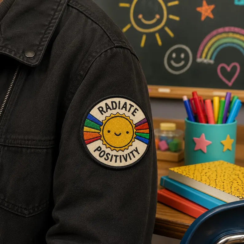 Radiate Positivity Patch, Funny Rainbow Sun Iron On Patch, Cute Mental Health Awareness Badge, Retro Groovy Jumper Jacket Backpack Gift