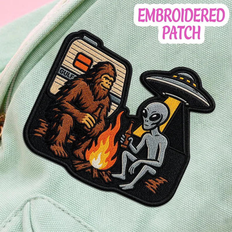 Bigfoot Alien Campfire Embroidered Patch, UFO Cryptid Iron On Badge, Outdoor Adventure Gear