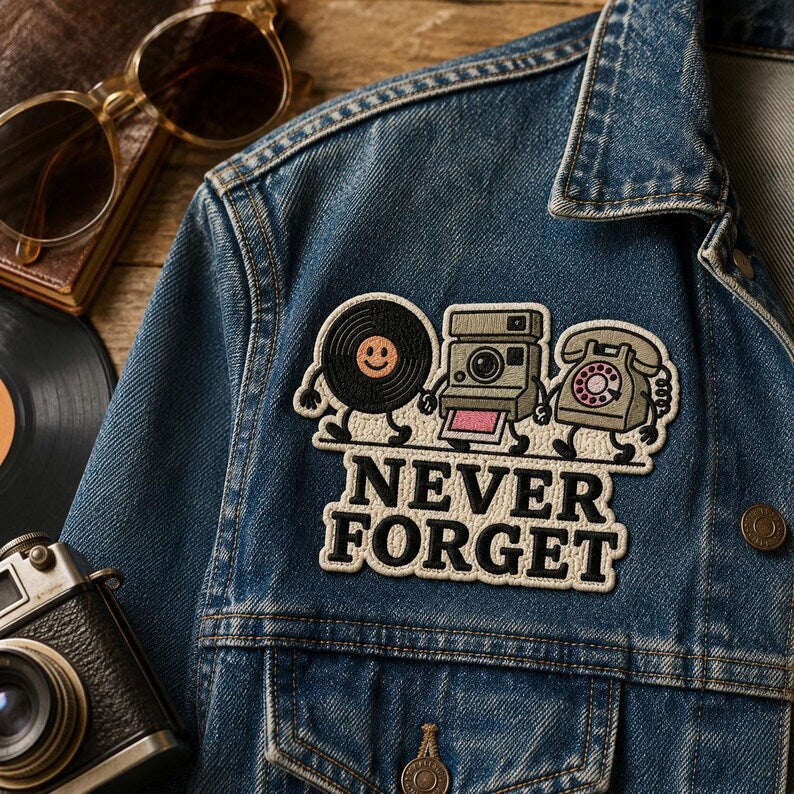 Never Forget Embroidered Patch, Retro Vinyl Camera Phone Bag Charm, Nostalgic 90s Patch, Funny Vintage Graphic For Backpack
