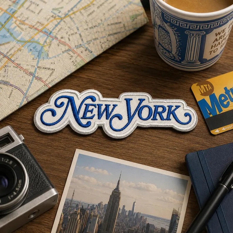 New York Script Embroidered Patch, Vintage NYC Iron On Patch, Cute Retro Royal Blue Badge, Big Apple Travel Jacket Backpack Gift, DIY Craft