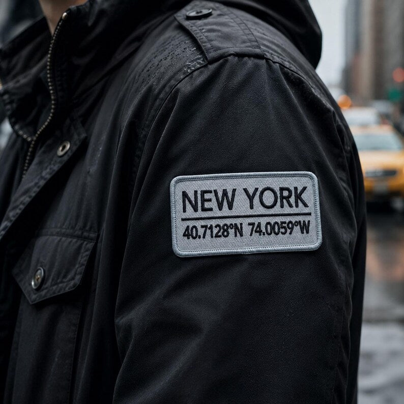 New York Coordinates Embroidered Patch, Vintage NYC Geographic Iron On Patch, Minimalist City Badge, Big Apple Travel Jacket Backpack Gift