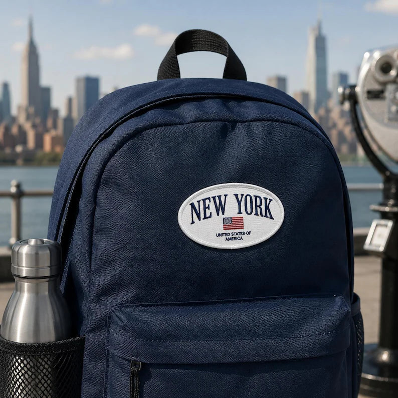 New York Flag Embroidered Patch, Vintage NYC Souvenir Iron On Patch, Classic Oval US Flag Badge, Americana Travel Jacket Backpack Gift