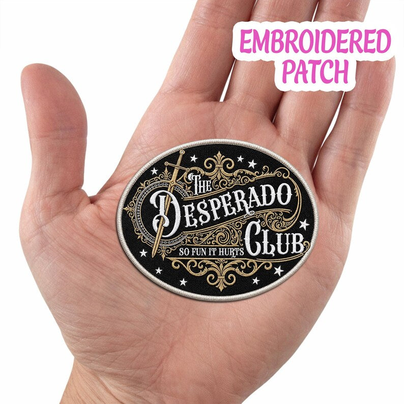 The Desperado Club Embroidered Patch, Western Sword Badge, Iron On Cowboy Gamer Accessory
