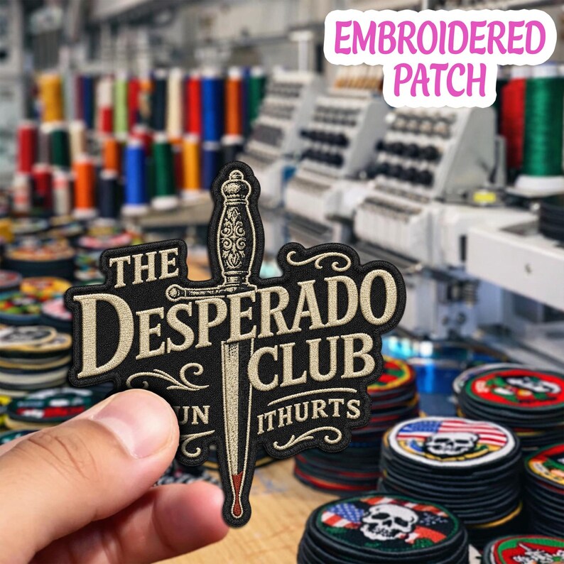 The Desperado Club Embroidered Patch, Dagger Emblem Badge, So Fun It Hurts Iron On Patch, Gothic Guild Badge, Edgy Streetwear Gift Idea