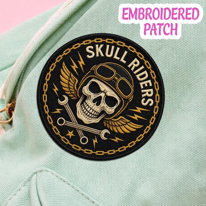 Skull Riders Embroidered Patch, Winged Biker Badge, Crossed Wrenches Iron On
