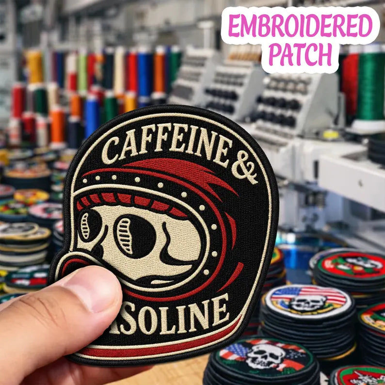 Caffeine & Gasoline Embroidered Patch, Vintage Helmet Skull Badge, Biker Iron On Patch, Gearhead Gift, Hot Rod Racing Patch