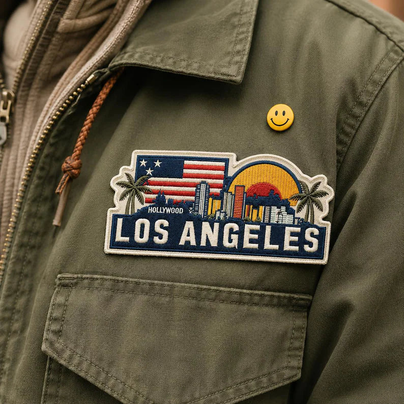 Los Angeles Embroidered Patch, Retro Sunset Skyline California Badge, American Flag Embroidered Patch, West Coast Travel Gift, Denim Jacket
