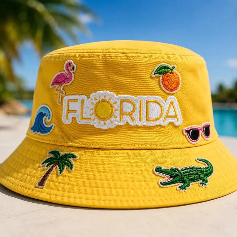 Florida Embroidered Patch, Retro Sunshine State Yellow Badge, Minimalist Sun Patch, Cali Florida Travel Gift For Friend Her