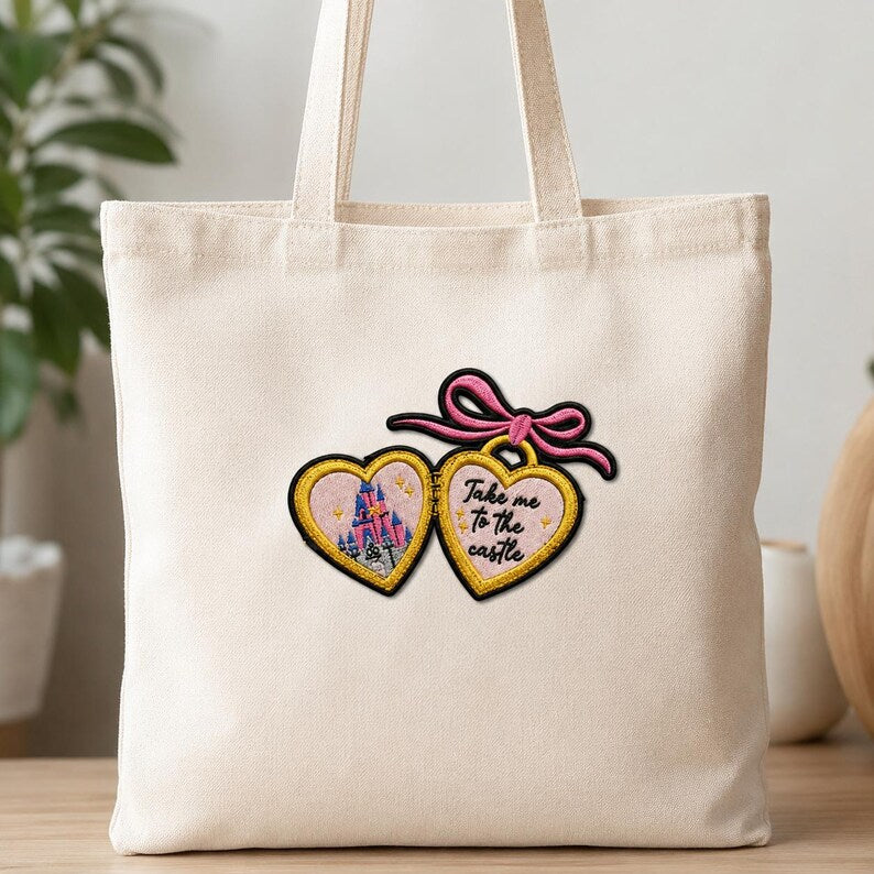 Heart Locket Embroidered Patch – Fairy Tale Castle, Pink Bow, Iron-On Bag Accessory