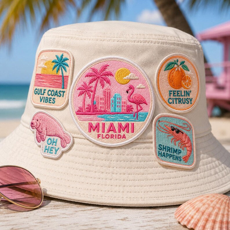 Miami Embroidered Patch, Retro Pink Flamingo Florida Badge, West Coast East Coast Patch, Gift For Friends Traveler