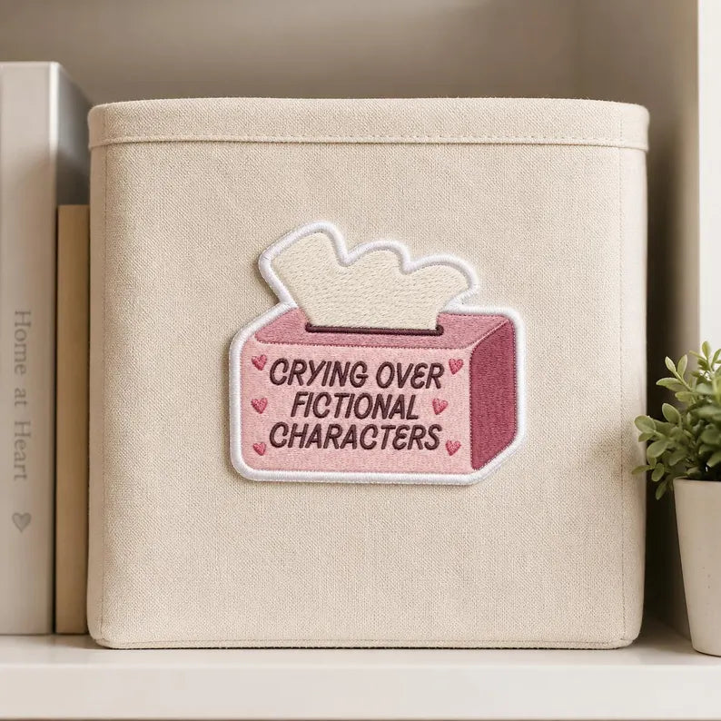 Crying Over Fictional Characters Patch, Funny Bookworm Tissue Box Embroidered Badge, Gift for Book Lovers, Friends