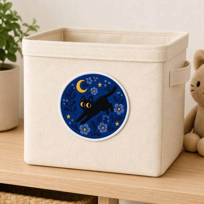 Starry Night Cat Patch, Black Cat Floral Embroidered Witchy Badge, Retro Iron On Celestial Patch, Gift for Cat Lovers, Friends DIY