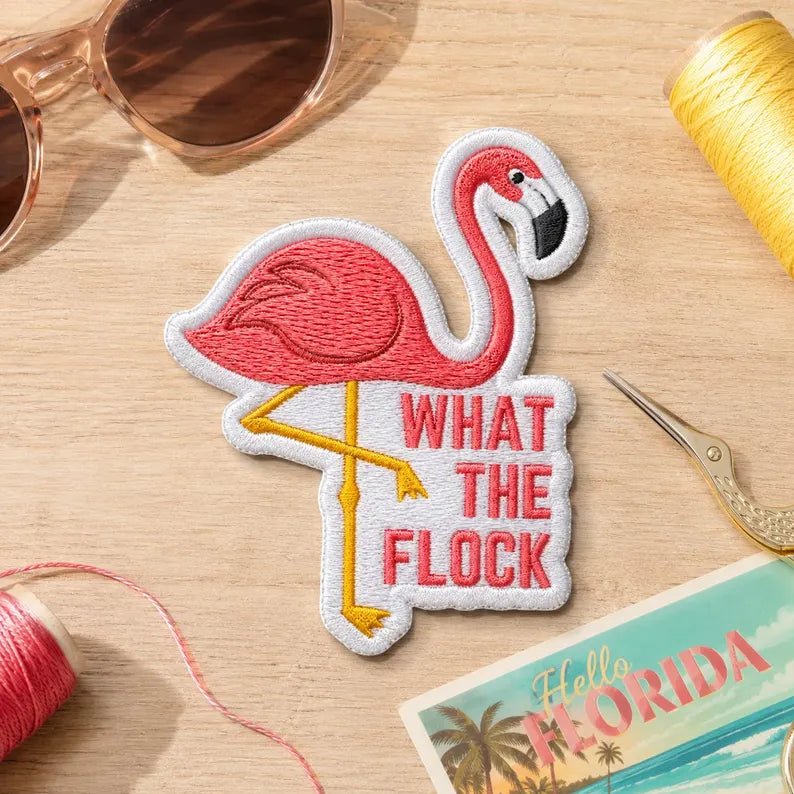 What the Flock Patch, Funny Flamingo Embroidered Badge, Retro Florida Tropical Patch, Gift for Flamingo Lovers, Denim Jacket DIY