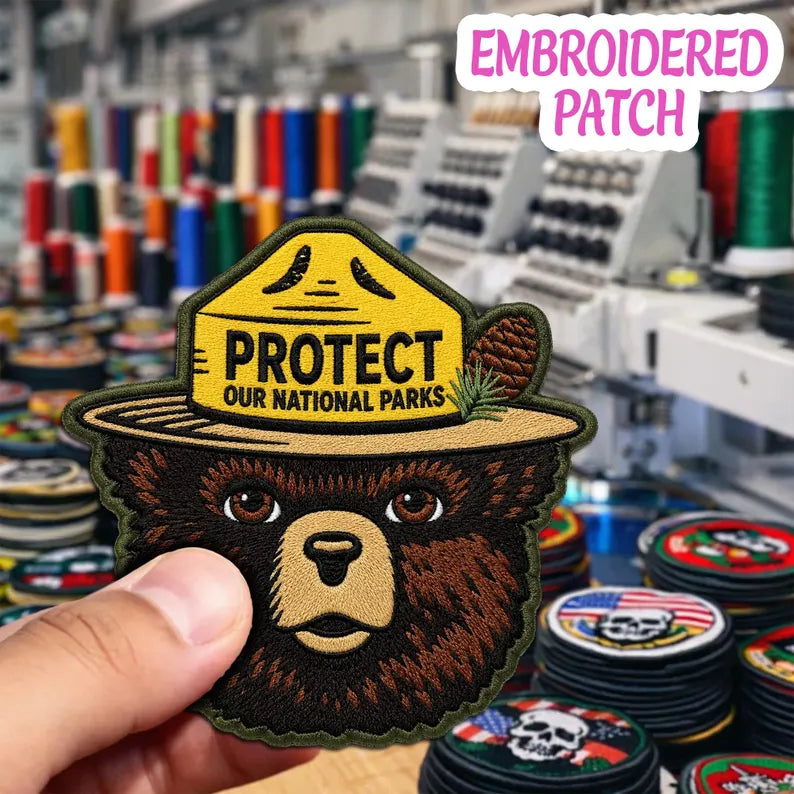 Embroidered Bear Patch, Protect National Parks Badge, Nature Lover Iron On Applique