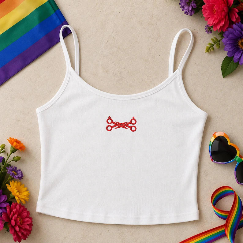 Scissors Embroidered Strap Top, Subtle Lesbian Pride Shirt, Funny Pride Month Top, Cute Queer Sapphic Scissoring Gift for Girlfriend