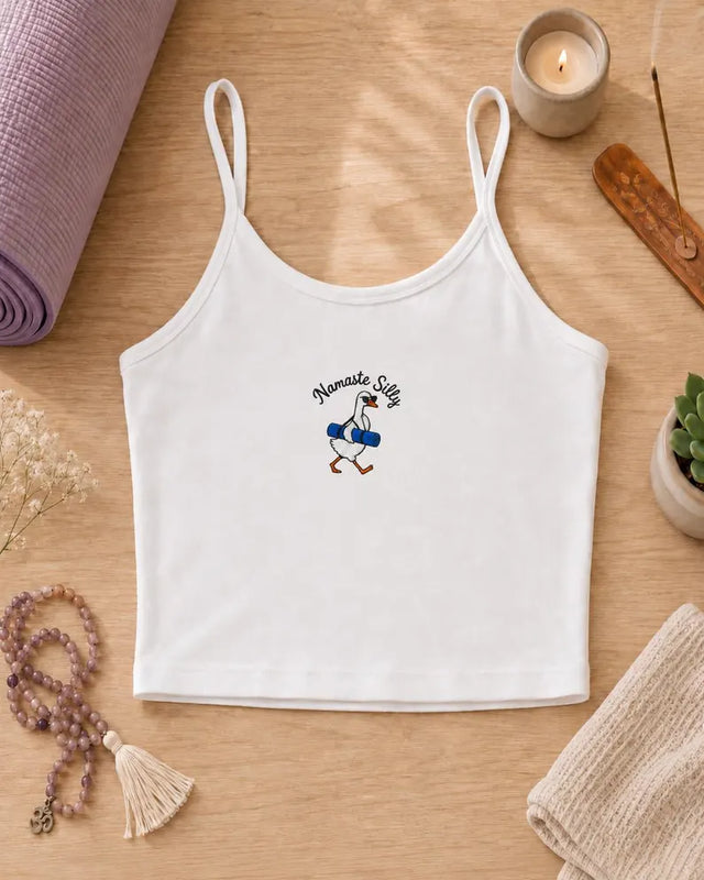 Pilates Yoga Embroidered Strap Top, Silly Goose Namaste Crop Top, White Aesthetic Strappy Cami Tank, Gift for Pilates Yoga Instructor Lover (Copy)