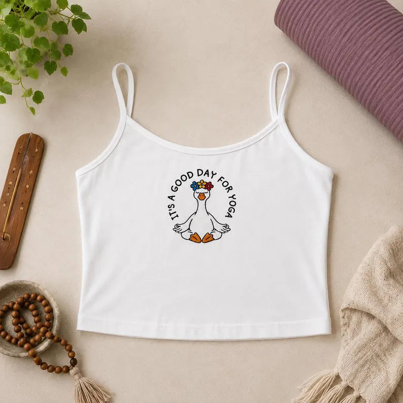 Funny Yoga Goose Strap Top, Namaste Silly Embroidered Crop Top, White Aesthetic Strappy Cami Tank ,Gift for Yoga Instructor Yogi