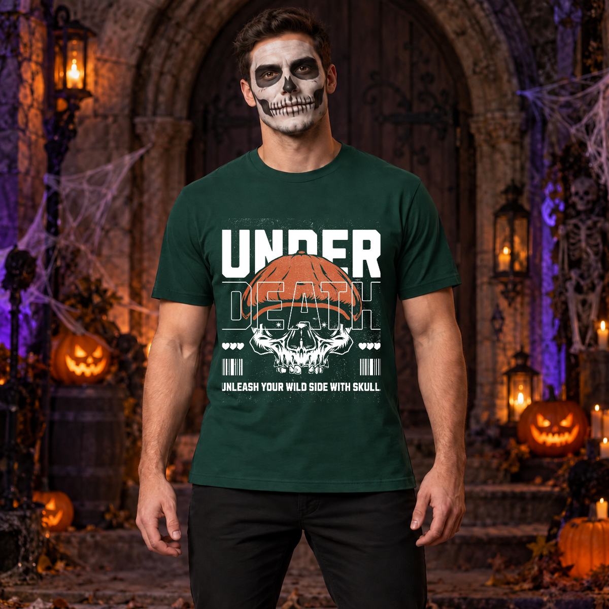 Under Death T-Shirt – Skull & Reaper Gothic Graphic Graphic Tee - Color: forest green