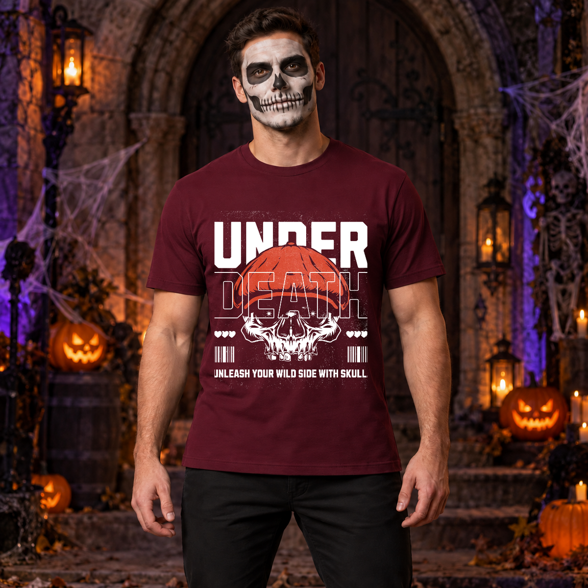 Under Death T-Shirt – Skull & Reaper Gothic Graphic Graphic Tee - Color: maroon