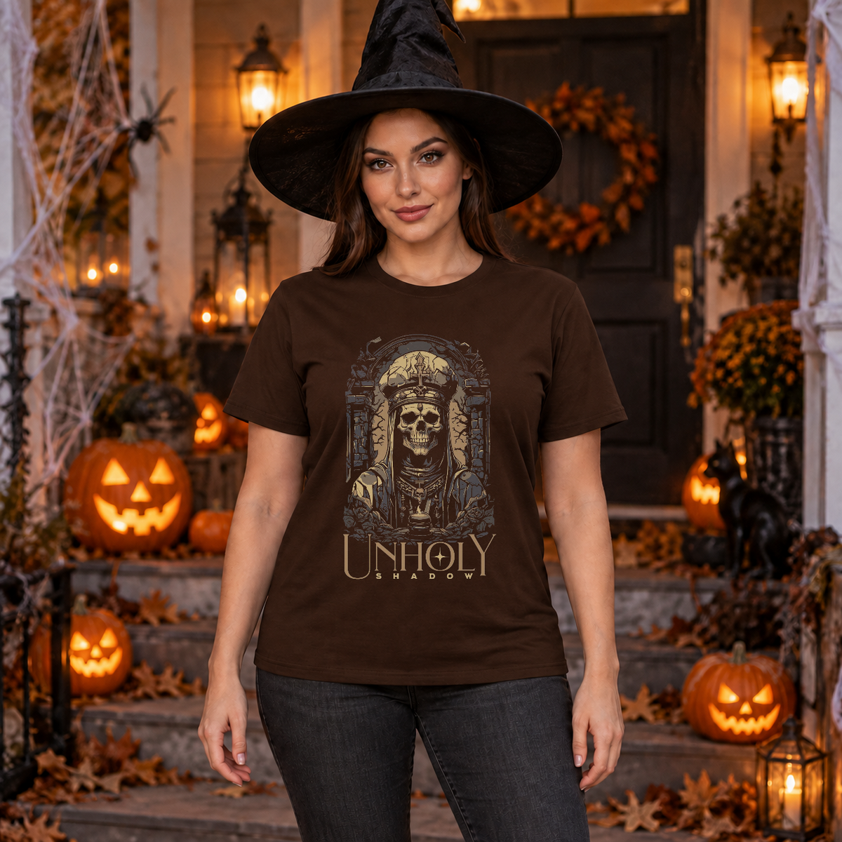 Unholy Shadow T-Shirt – Skull & Reaper Gothic Graphic Graphic Tee - Color: chocolate