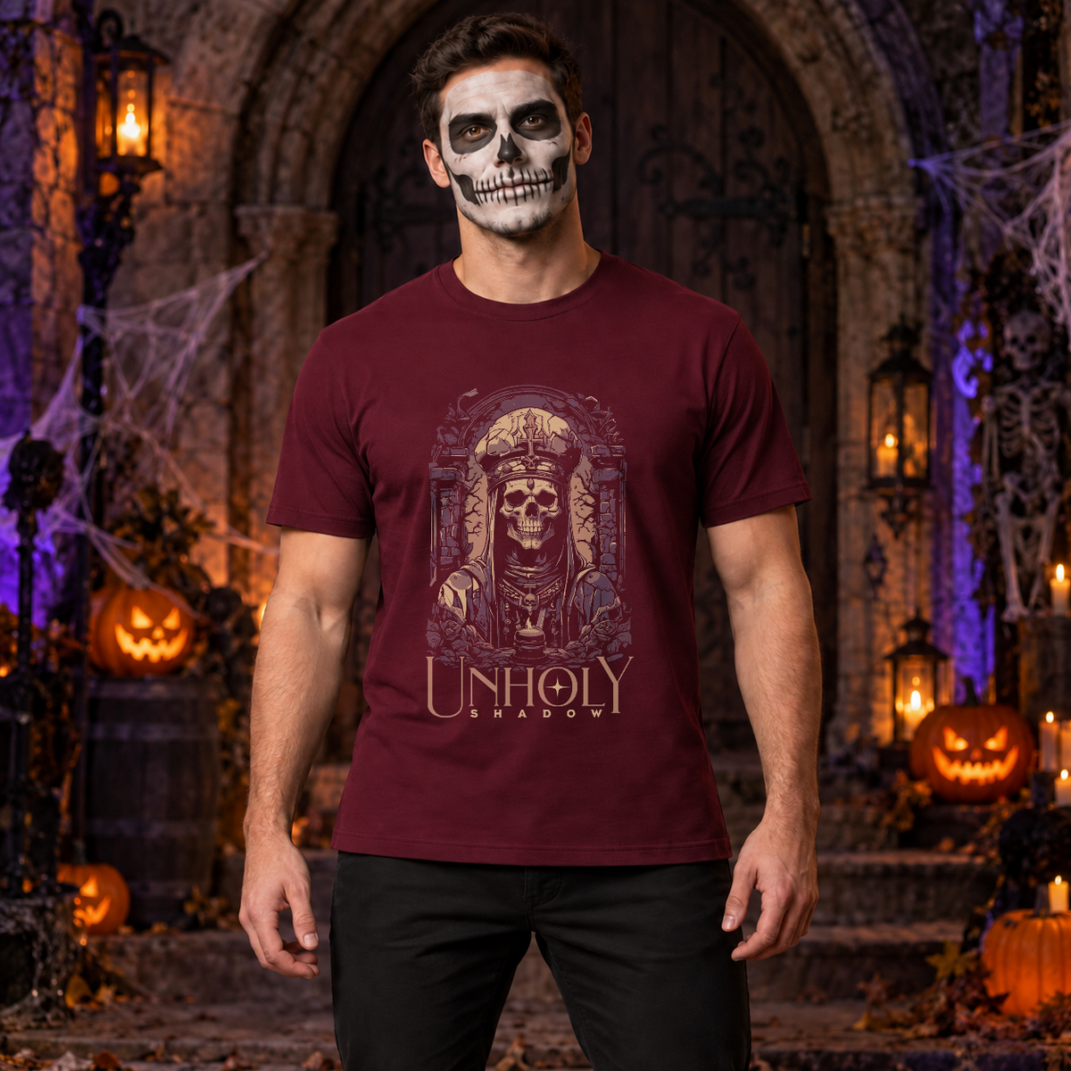 Unholy Shadow T-Shirt – Skull & Reaper Gothic Graphic Graphic Tee - Color: maroon