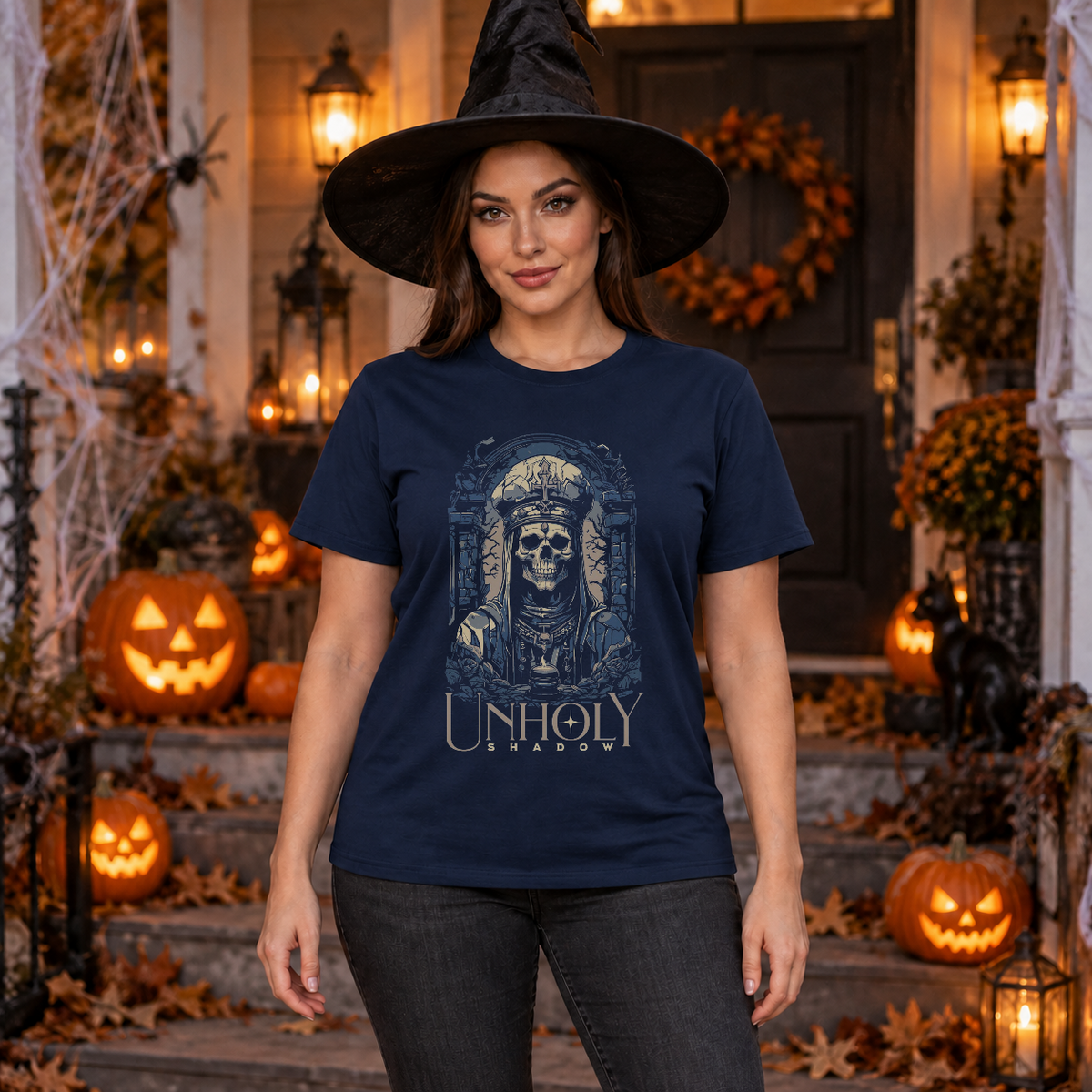 Unholy Shadow T-Shirt – Skull & Reaper Gothic Graphic Graphic Tee - Color: navy