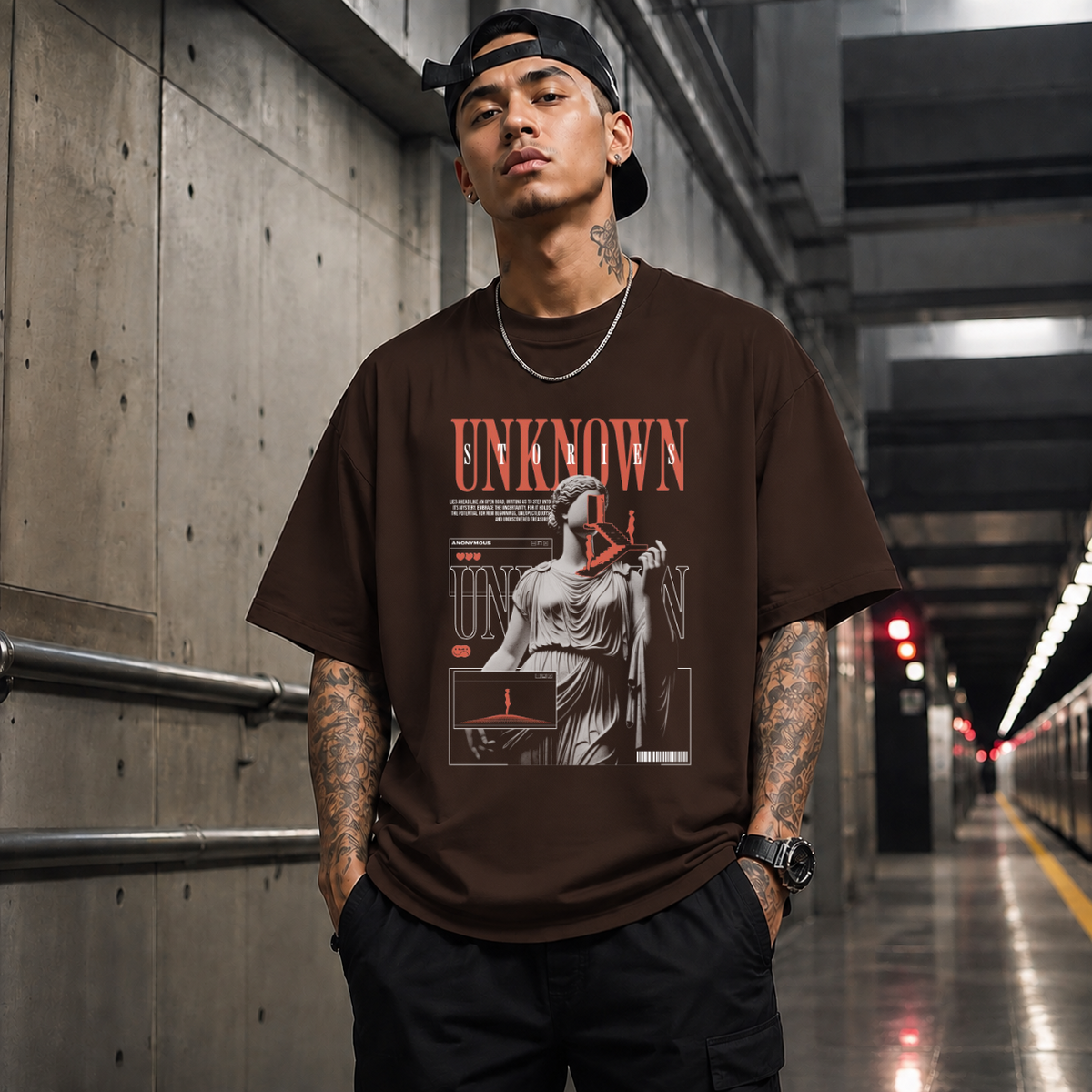 Unknown Stories Statue T-Shirt – Dark Editorial / Gothic Streetwear Tee - Color: Dark Chocolate
