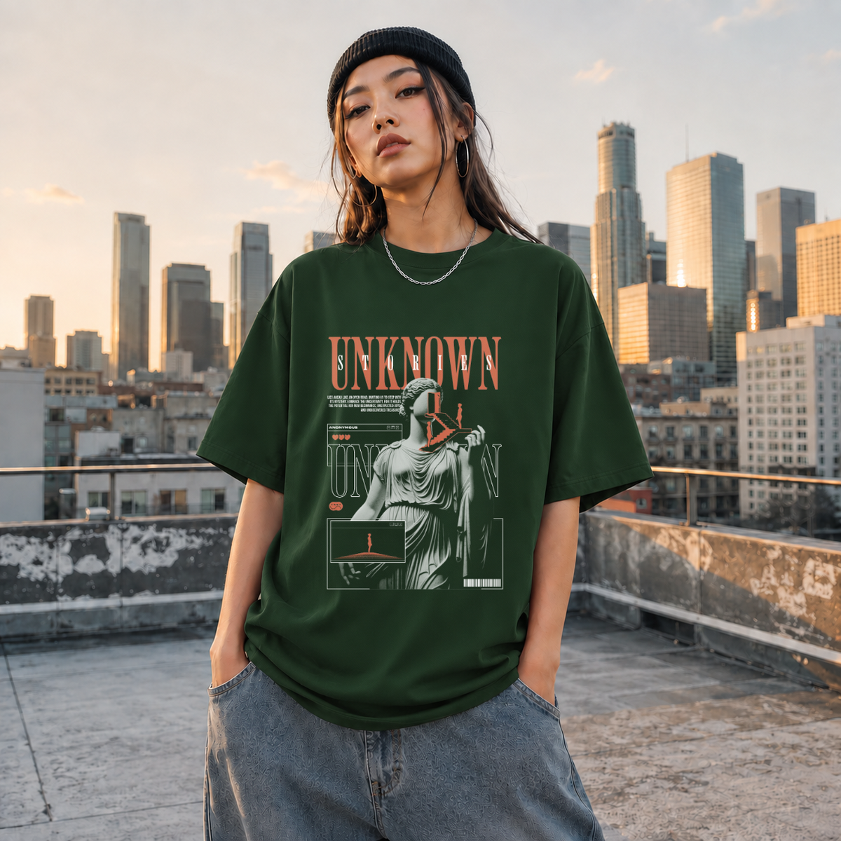 Unknown Stories Statue T-Shirt – Dark Editorial / Gothic Streetwear Tee - Color: Forest Green