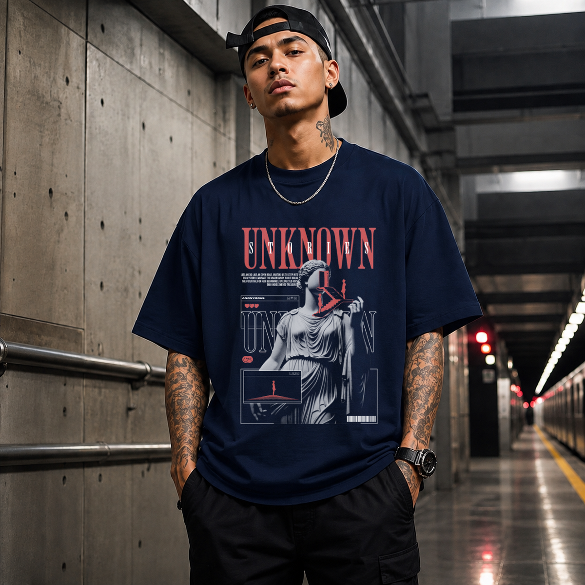 Unknown Stories Statue T-Shirt – Dark Editorial / Gothic Streetwear Tee - Color: Navy