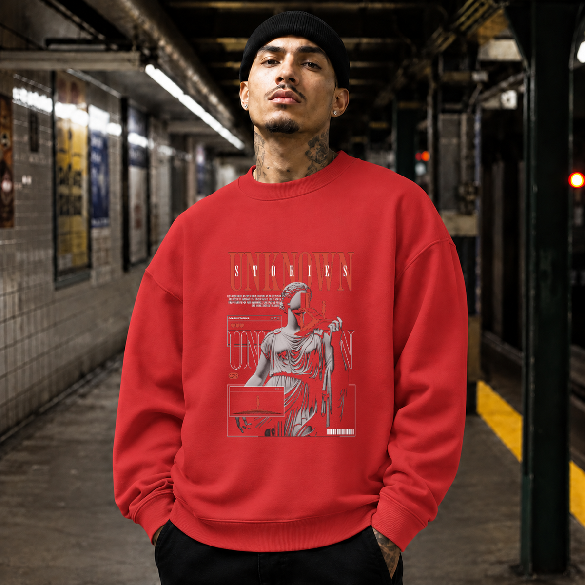 Unknown Stories Statue T-Shirt – Dark Editorial / Gothic Streetwear Tee - Color: red