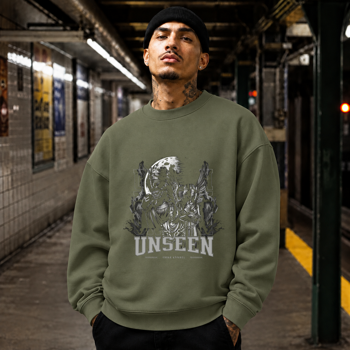 Unseen Reaper Statue T-Shirt – Dark Editorial / Gothic Streetwear Tee - Color: military green