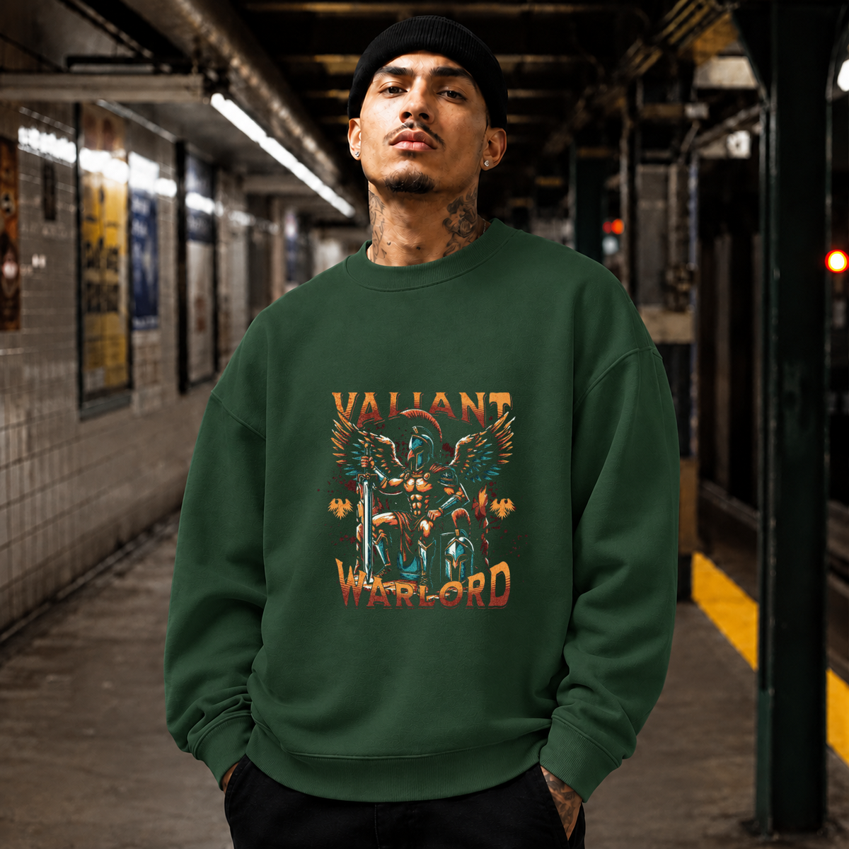 Valiant Warlord Angel T-Shirt – Gothic Streetwear Poster Graphic Tee - Color: forest green