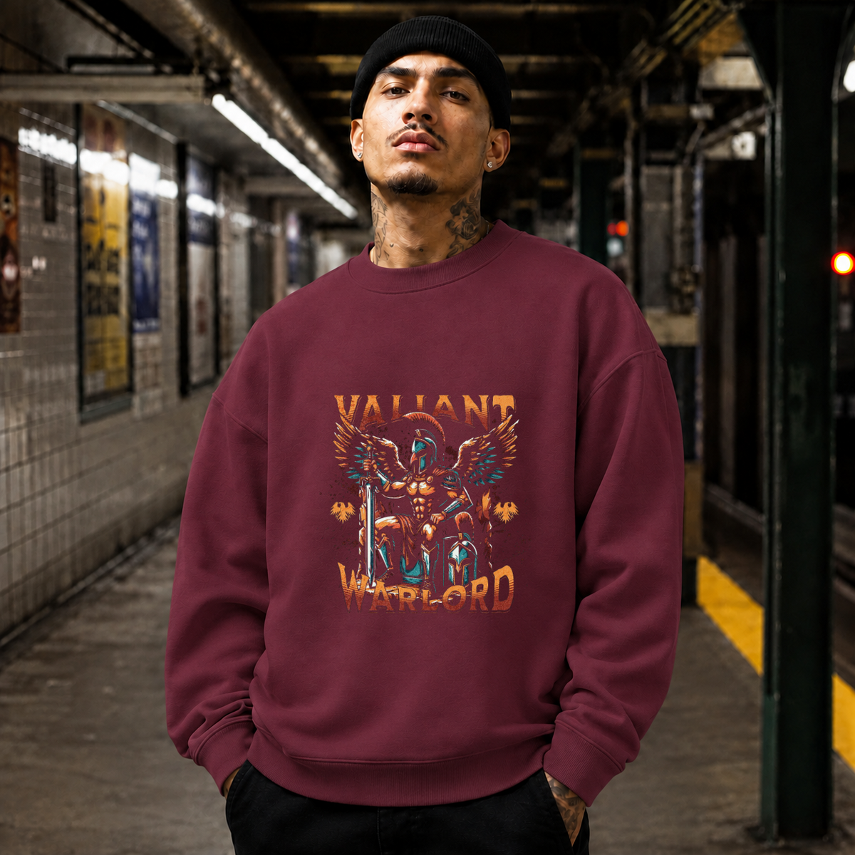 Valiant Warlord Angel T-Shirt – Gothic Streetwear Poster Graphic Tee - Color: maroon