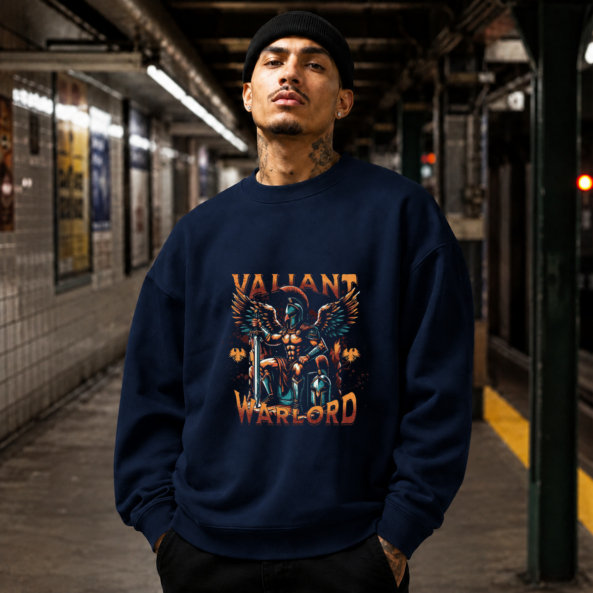 Valiant Warlord Angel T-Shirt – Gothic Streetwear Poster Graphic Tee - Color: navy